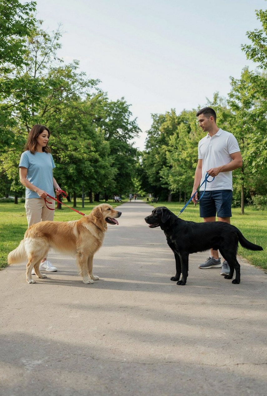 Two owners holding their dogs at a calm distance from each other on a path